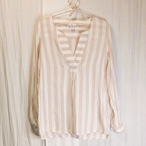 Antibes Blanc Beige/White Striped 100% Linen Shirt Top Popover Tunic Size M
